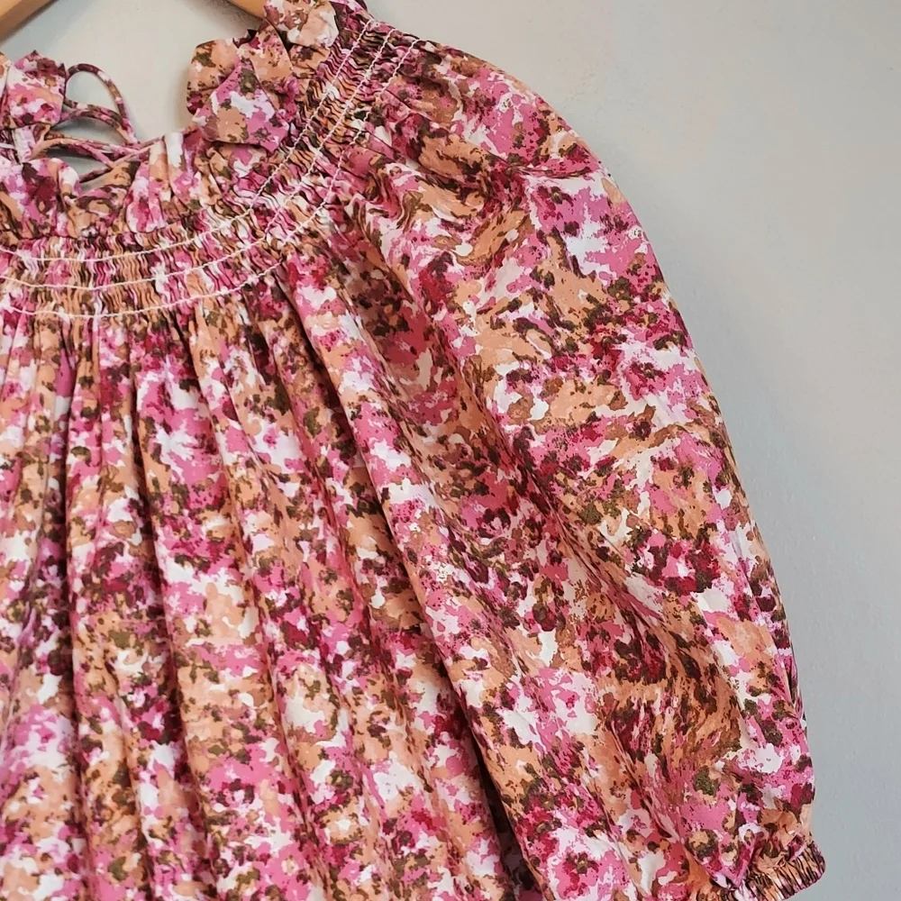 J. Crew Medium Smocked Floral Short Puff Sleeve Pink Floral Blouse Tie Back